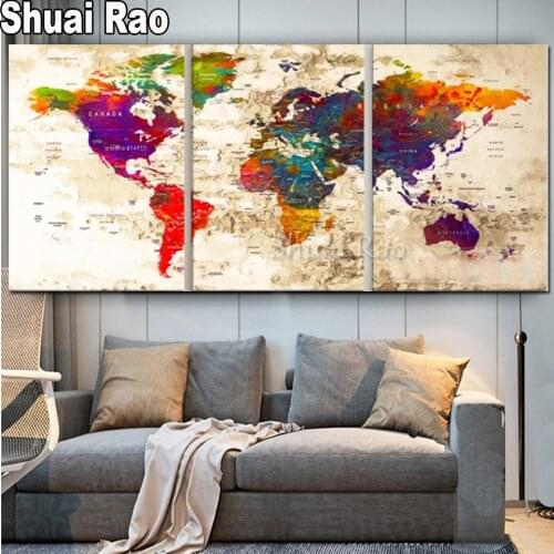 Abstract Colorful World Map diy 5d diamond painting Full Square Round Mosaic 100% embroidery sale Needlework Triptych Offoce Art
