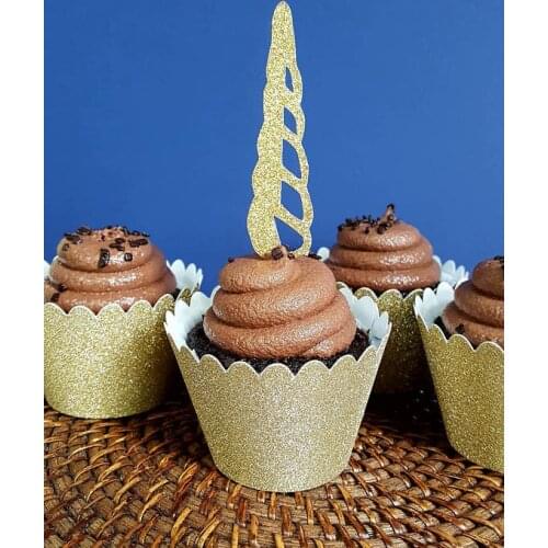 Glitter Unicorn Horn first Birthday Cupcake Toppers with wrapper set wedding baptism Gender Reveal Party Decor food treats picks