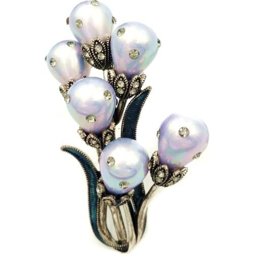 Retro Antique Imitated Pear Shaped Pearl Tulip Brooches Gold Tone Enameled Leaf Crystal Deco Flower Bud Pins Sweater Accessory