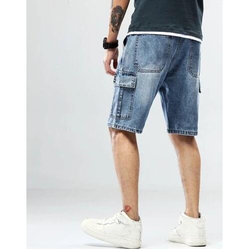 Plus Size 40 Mens Loose Blue Denim Shorts Summer New Big Pocket Straight Jeans Cargo Shorts Male Plus Size Five Point Pants