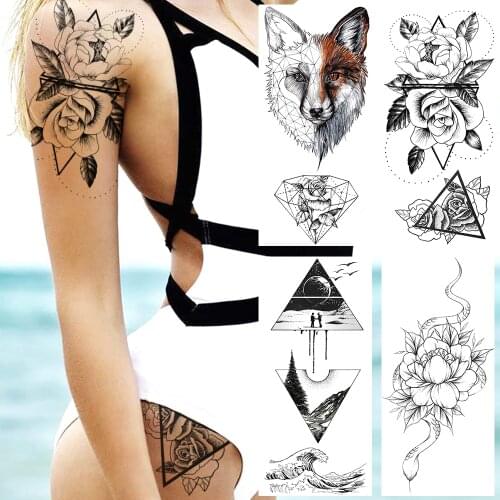 Geometric Flower Wolf Temporary Tattoos Sticker Fake Diamond Snake Planets Tattoos Waterproof Body Art Arm Tattoos For Show Club