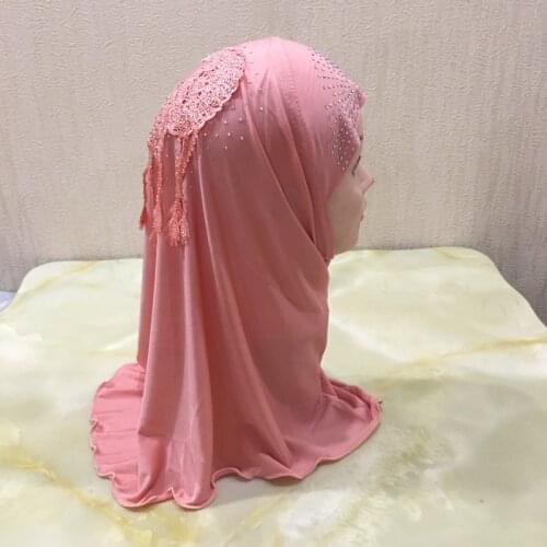 H003 fit 2-7 years old small girl hijab hats with lace muslim scarf islamic headscarf hat amira pull on headwrap