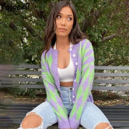 Yojoceli Sexy geometric knitted women cardigan Autumn female mohair soft sweater outerwear Winter fashion cute knitting cardigan