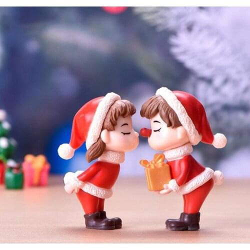 2Pcs Mini Christmas Couple Figure Doll DIY Garden Bonsai Decor Ornament Kid Toy Miniature Figurine People Statue Resin Craft