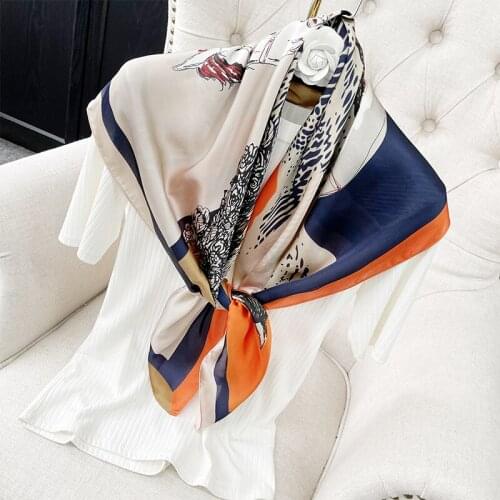 90*90cm Design Scarves for Women Shawl Print Silk Feeling Hijab Scarf Neckerchief Female Bandana Square Foulard Ladies Wrap 2021