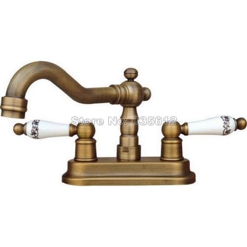 Swivel Spout Antique Brass Dual Ceramic Handles Dual Hole Deck Mounted Kitchen Sink Mixer Tap / Bathroom Basin Faucets Wnf327