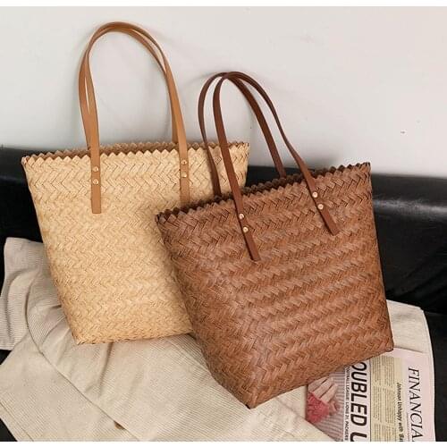 Casual Rattan Women Handbags Bamboo Handle Wicker Woven Hand Bag Summer Beach Big Straw Bag Lady Large Tote Female Travel Sac
