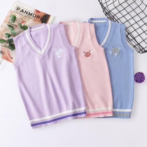 JK Sweater Vest V Neck Cute Purple Blue Pink Japanese Kawaii Embroidery Pattern Bunny Piggy Students Uniform School Girl Cosplay