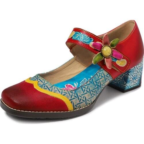 Women Pumps Retro Printed Metal Buckle Strap Printing Genuine Leather 3-5CM Square High heels Women Shoes Flowers Square Toe