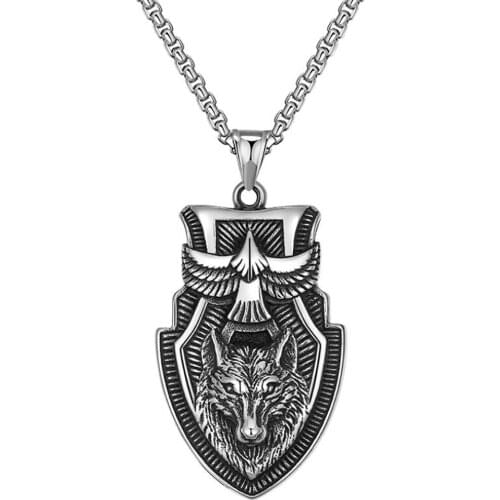 Stainless Steel Punk Rock Vintage Wolf Animal Shield Pendant Necklace Jewelry Gift For Him with Chain