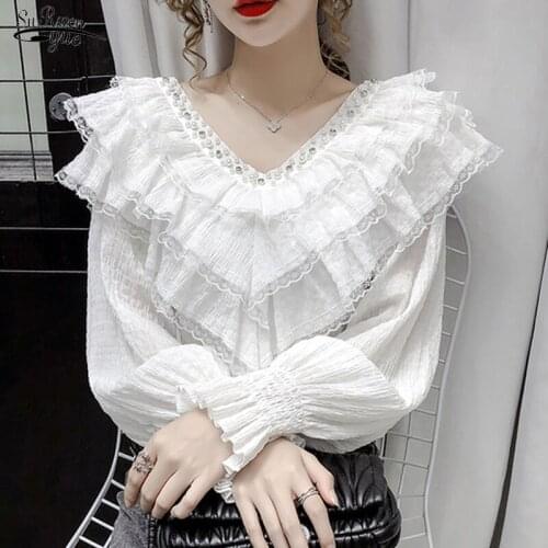 2021 Fall New Stylish Lace Ruffle Stitching Blouse Women V Neck Ladies Shirt Lantern Long Sleeve Korean Vintage Solid Top 12074