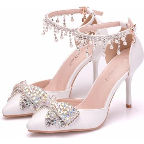Womens Pointed Toe Bowknot Rhinestones Pearls Tassels Crystal Stilettos High Heel Wedding Bridal Shoes Pumps White Plus Size