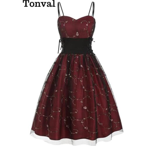 Tonval Mesh Embroidery Lace Up Side High Waist Slim Vintage Dresses Women Fit and Flare Elegant Party Pleated Retro Cami Dress