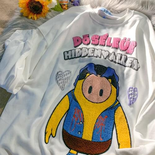 White Black Cartoon Pig Embroidery Designer Sweatshirt Clothes for Teens Kawaii Japanese Harajuku Brand 2021 Fashion Winter Tops