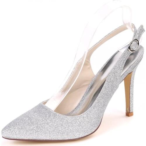 Bling glitter lady pointed toe dress heels slingback evening shoes simple concise design high heels party prom night club pumps