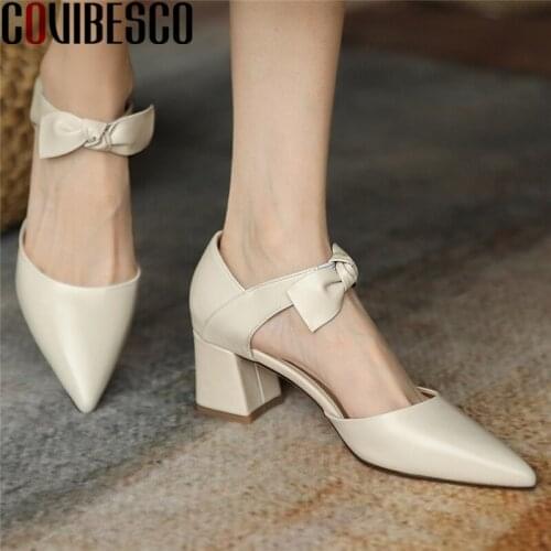 COVIBESCO High Quality Women Pumps Spring Summer Genuine Leather Thick Heels Pointed Toe Fashion Concise Shoes Woman Office Lady