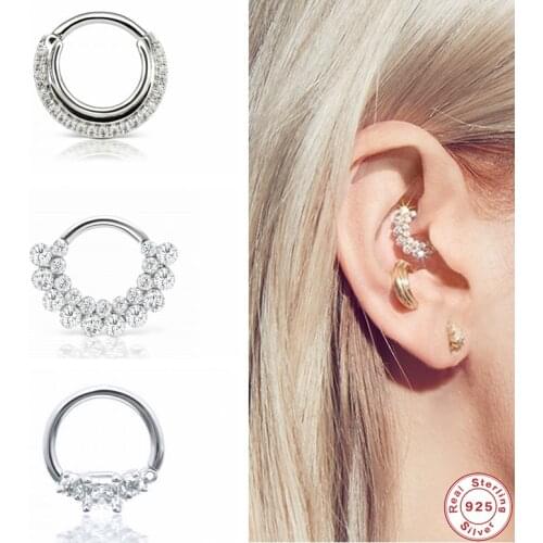 GS 925 Sterling Silver Pave White Cubic Zirconia Huggie Earrings For Women Gift CZ Crystal Tiny Circle Cartilage Hoop Earrings