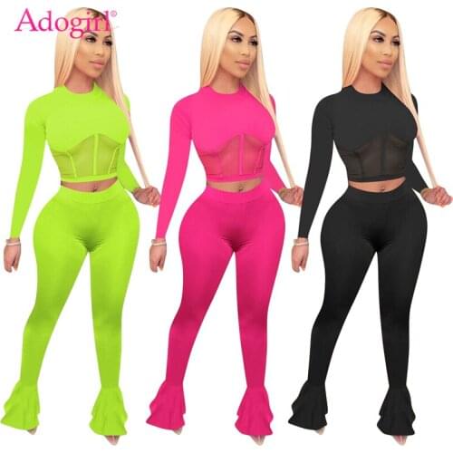 Adogirl Sheer Mesh Patchwork Two Piece Set Long Sleeve Crop Top Foot Cut Flare Pants Suit Women Fashion Sexy Outfits