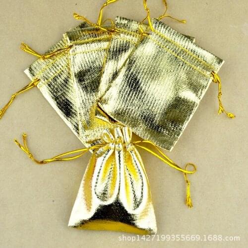 Hot sale 100pcs/lot Metallic Foil Cloth 7 * 9cm Drawstring Gift Bags Gold color Jewelry Gift Bags Wedding Packaging gift Bags