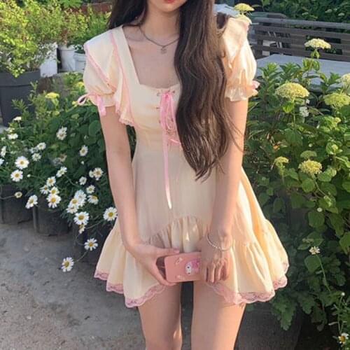 Kawaii Princess Dress Women Japanese Ruffles Korean Party Mini Dress Puff Sleeve Fairy Belt Sweet Dresses for Women 2021 Summer