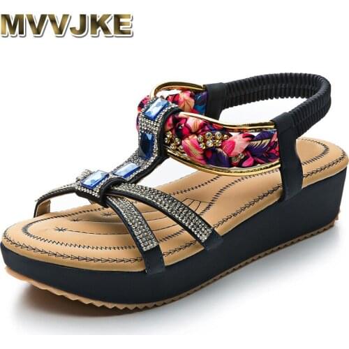 MVVJKE 2018 Handcrafted Bohemia-like Crystals Stripes Women Wrapped Wedge Sandal Shoes ft. Comfort Statching Lambskin Foot-bed