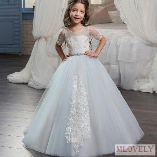 Sky Blue Princess Short Sleeved Kids Special Ocassion Dress Pageant Dress with Bows for Girls Aged 2-14 Years