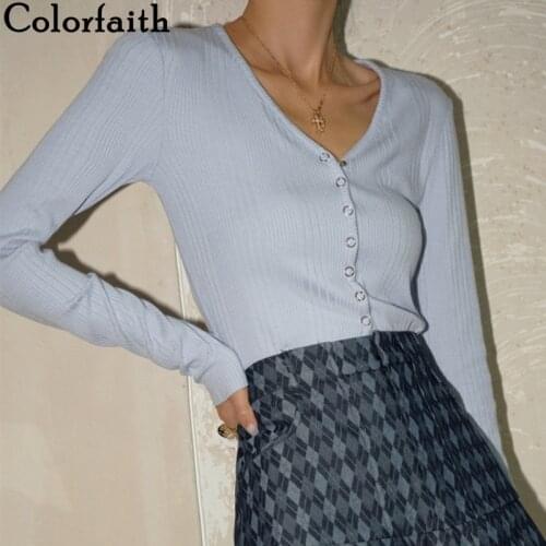 Colorfaith New 2021 Womens Autumn Winter Sweater Fashionable Elegant Morandi Color Cardigan Vintage Wild Short Knitwear SWC6251