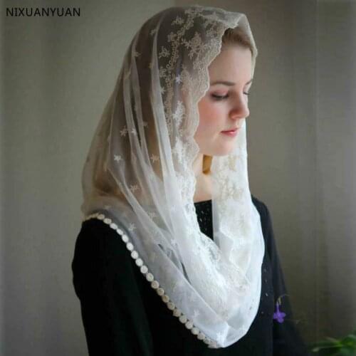 Wholesale 2021 Ivory Black Catholic Veil Jerusalem Muslim Ladies Lace Shawl Scarf Mantillas Church Catholic Bridal Wedding Cape