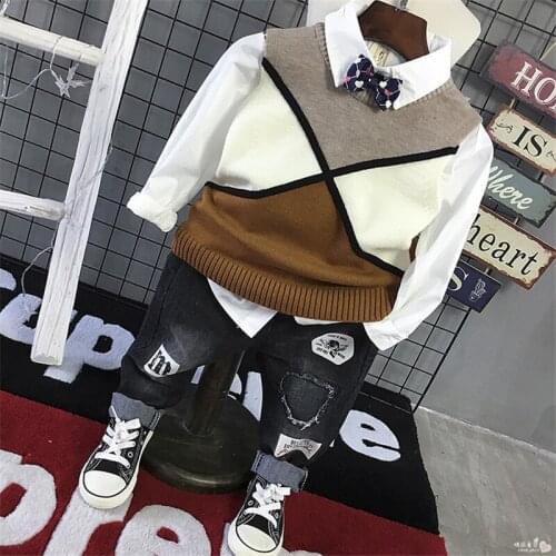 Autumn Winter Boys Sets Knit Vest Thicken Shirt Casual Pants 3pcs 2019 Toddler Kids Clothing Suits Fashion Jeans 2 3 4 5 6 Y