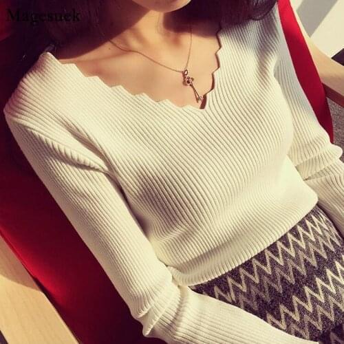 Autumn Fashion Sweaters For Women Pullover V-neck Long Sleeve Knitted Sweater High Elastic Pull Women Sweater Jumper 7113 50