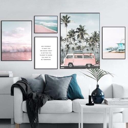 Nordic Modern Ocean Scenery poster Home Decor Nordic Canvas Painting Art Pink Beach Landscape picture Art Print for Living Room