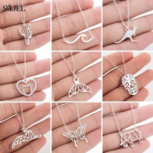SMJEL Multiple Stainless Steel Necklaces for Women Trendy Cactus Kangaroo Skull Rabbit Animal Necklaces Elephant Pendant Colar