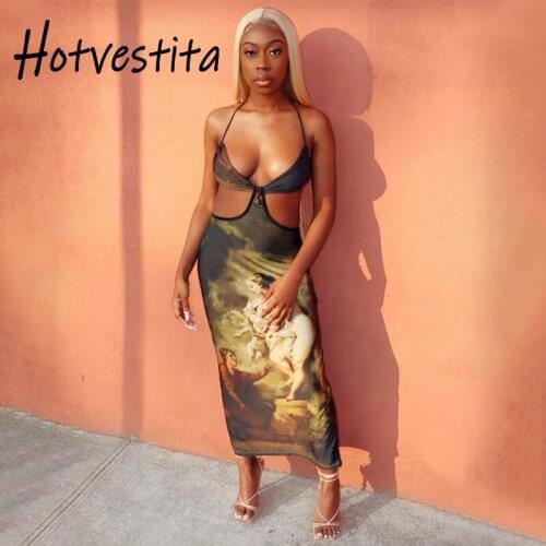 Hotvestita Sexy Halter Strapless Maxi Dress 2021 Summer New Fashion Print Waist Hollow Out Backless Bodycon Woman Club Dresses