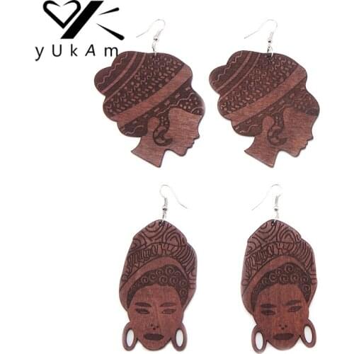YUKAM Ethnic Bohemia Carved African Wooden Earrings Long Handmade Natural Wood Drop Dangle Earring Boho Female for Women Jewelry
