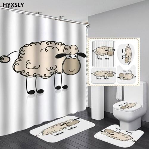 White Sheep Lamb Cartoon Printed Shower Curtain Kitchen Floor Mat and Toilet Lid Cover Set Bathroom Decoration 3d Custom Design