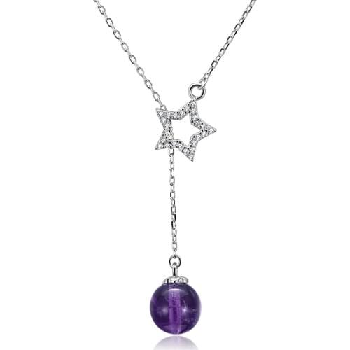 ZEMIOR Genuine 925 Sterling Silver Necklace For Women Shining Full CZ Star & Purple Ball Double Chains Pendant Fine Jewelry