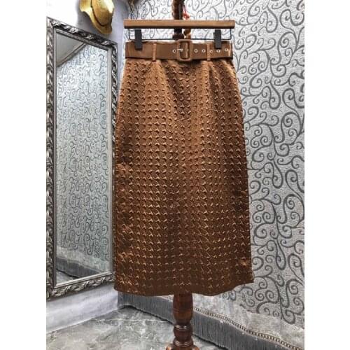 High Quality Designer Womens Skirt 2021 Autumn Winter Party Skirt Ladies Vintage Jacquard Patterns Belted Midi Coffee Skirt