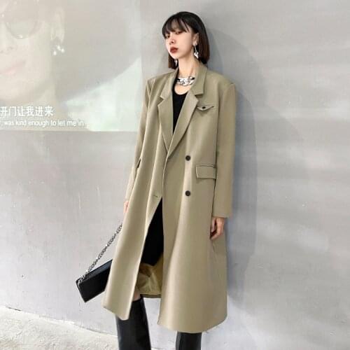 Korean British style suit coat female 2021 spring and autumn loose slim medium long straight tube leisure pure color suit