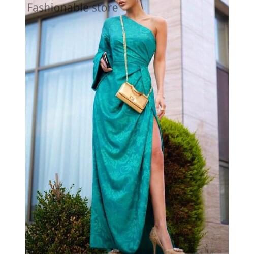 Women Elegant Solid Color One Shoulder Side Slit Maxi Party Dress