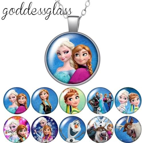 Winter Princesses Elas Anna Girls gift Round Glass glass cabochon silver plated/Crystal pendant necklace jewelry for Gift