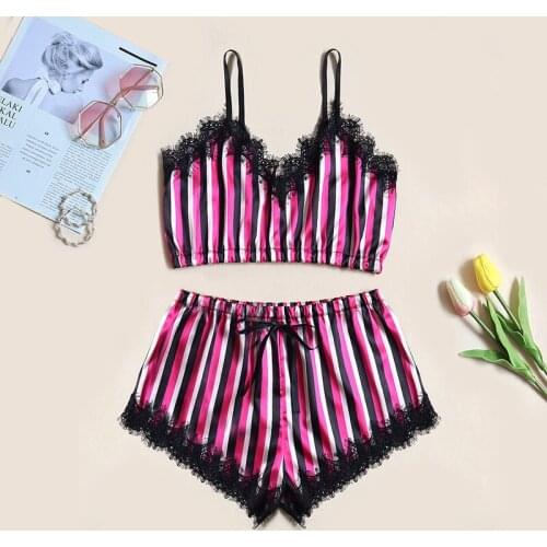 2020 New Color Stripe Satin Sexy Underwear Set V-neck Home Fun Underwear Lace Side Thin Shoulder Strap