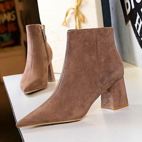 2021 Solid Flock Wild Ankle Boots Womens Comfortable Square High Heel Boots Fashion Woman Black Khaki Pointed Toe Zipper Boots