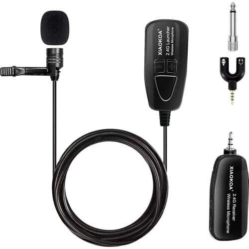 XIAOKOA Wireless Lavalier Microphone, 2.4G Wireless Microphone System with Lavalier Lapel Mics,Transmitter&Receiver for Confe