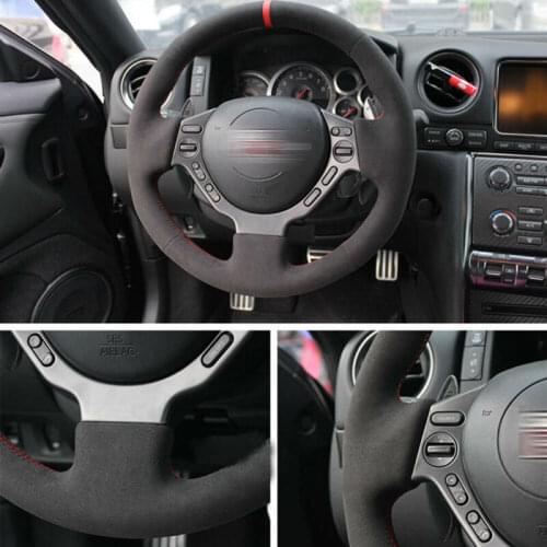 Car Steering Wheel Cover Custom Made Anti-Slip Hand-Sewing Black Suede Leather DIY for Nissan GTR R35 GT-R 2009-2019