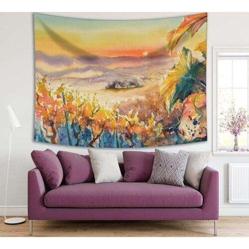 Tapestry Sunset horse Vineyard Styrian Tuscany Austria Watercolor Painting in Yellow Orange Blue Illustration