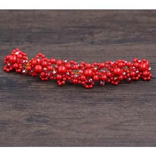 Classic Hair Piece Red Crystal Beads Bridesmaid Headdress Pearl Bride Tiara And Crown Headband For Women Wedding Accessories