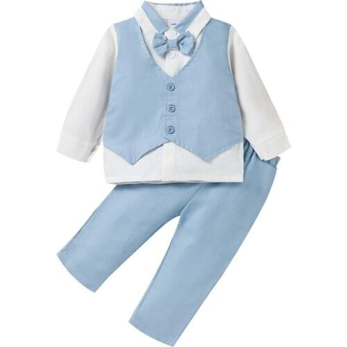 2021 Infant Baby Boys Two-piece Clothes Set, Blue Long Sleeve Shirt and Elastic Waist Solid Color Trousers