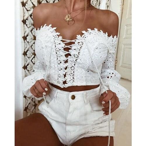 Fashion Off Shoulder Lace Women Summer Long Puffy Sleeve Bandage Crop Tops Shirt Sexy Hollow-Out Casual White Cotton Blouse