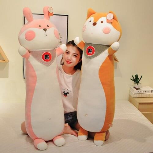 New Cartoon Long Pillow Cute Husky Shiba Inu Dog Plush Toys Stuffed Soft Animal Cat Rabbit Doll for Children Baby Gifts