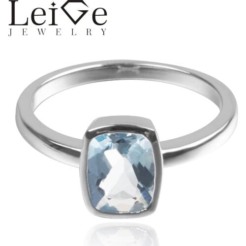Leige Jewelry Natural Aquamarine Gemstone March Birthstone Cushion Cut Wedding Solitaire Rings For Woman 925 Sterling Silver